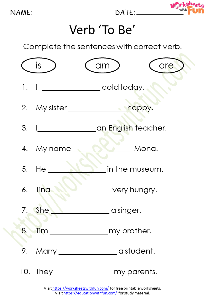 English Class 1 Verb To Be is Am Are Worksheet 5